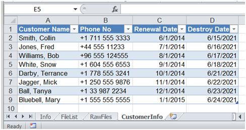 Microsoft Excel customer info tab