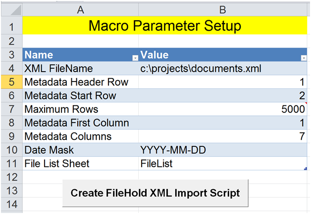 Microsoft Excel import from text file macro parameter setup
