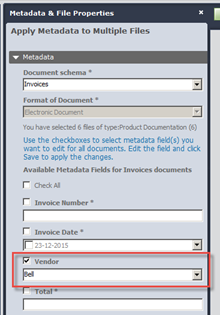 Entering metadata for multiple documents with select metadata